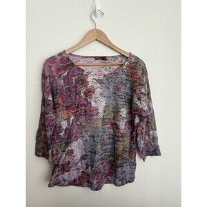 prAna Top Purple Abstract Floral Print 3/4 Sleeve Top Yoga Women’s Size Large